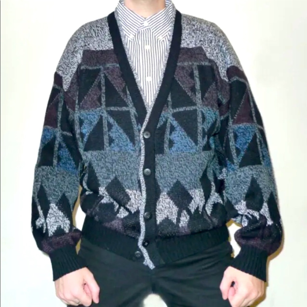 Vintage Navajo / Memphis Geometric Pattern Knit Cardigan Cool Colors Campus